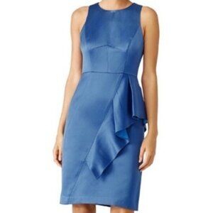 NWT  Shoshanna Women's Blue Tara Ruffle Satin Jacquard Midi Dress Size 0